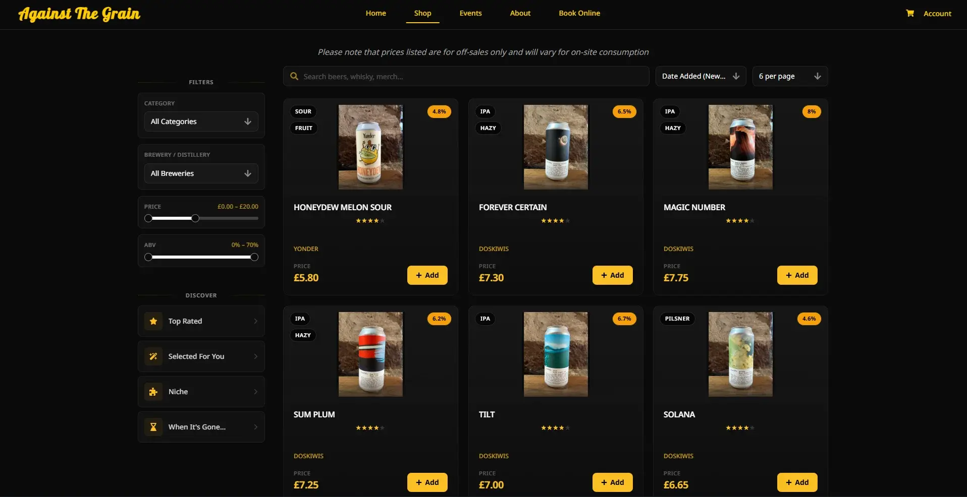 Against the Grain shop screen showing filters and a grid of beer products