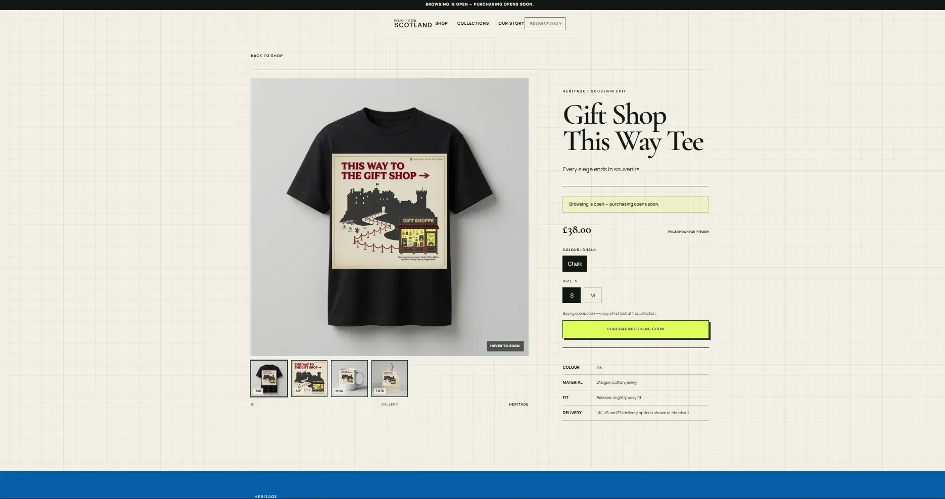 Heritage Scotland product page showing a gift shop T-shirt, product options and purchasing status
